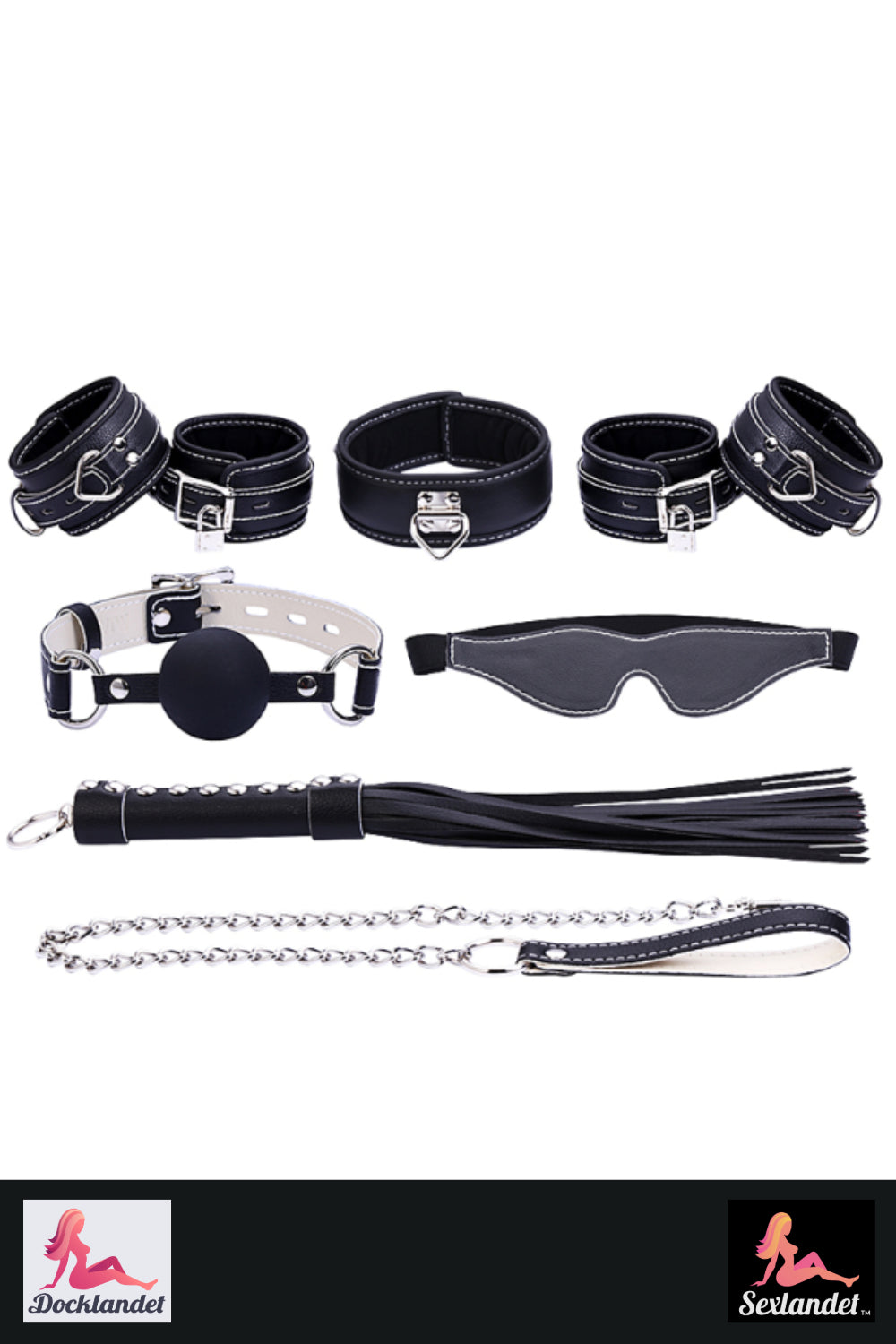 BDSM kit - handcuff, whip, leash, gagball, eye mask (set with 9 parts)