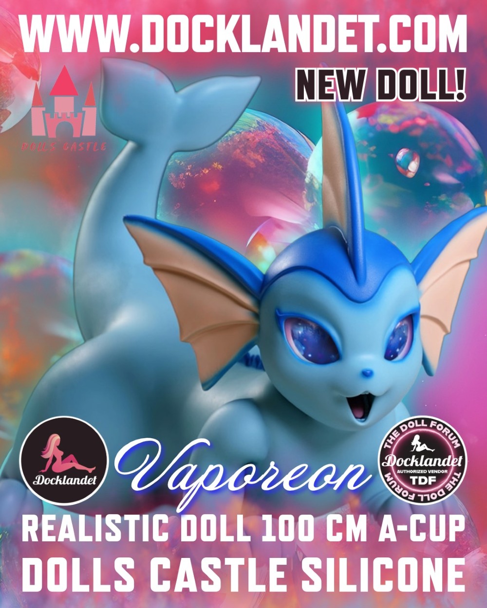 Vaporeon, en ikonisk och populär karaktär från spel-världen, har nu tagit fysisk form som sexdocka. Denna Vaporeon-docka är tillverkad i förstklassig silikon – en kvinnlig miniatyrkropp på 100 cm, skapad för att förena fantasi och verklighet. Hennes hud skimrar i en ljusblå ton, noggrant vald för att efterlikna Vaporeons karaktäristiska färgskala. Ett flexibelt EVO-skelett löper genom hela hennes kropp, vilket gör dockan böjbar och poserbar – från hornens spetsar, genom öronen, nacken och ända ned till den 